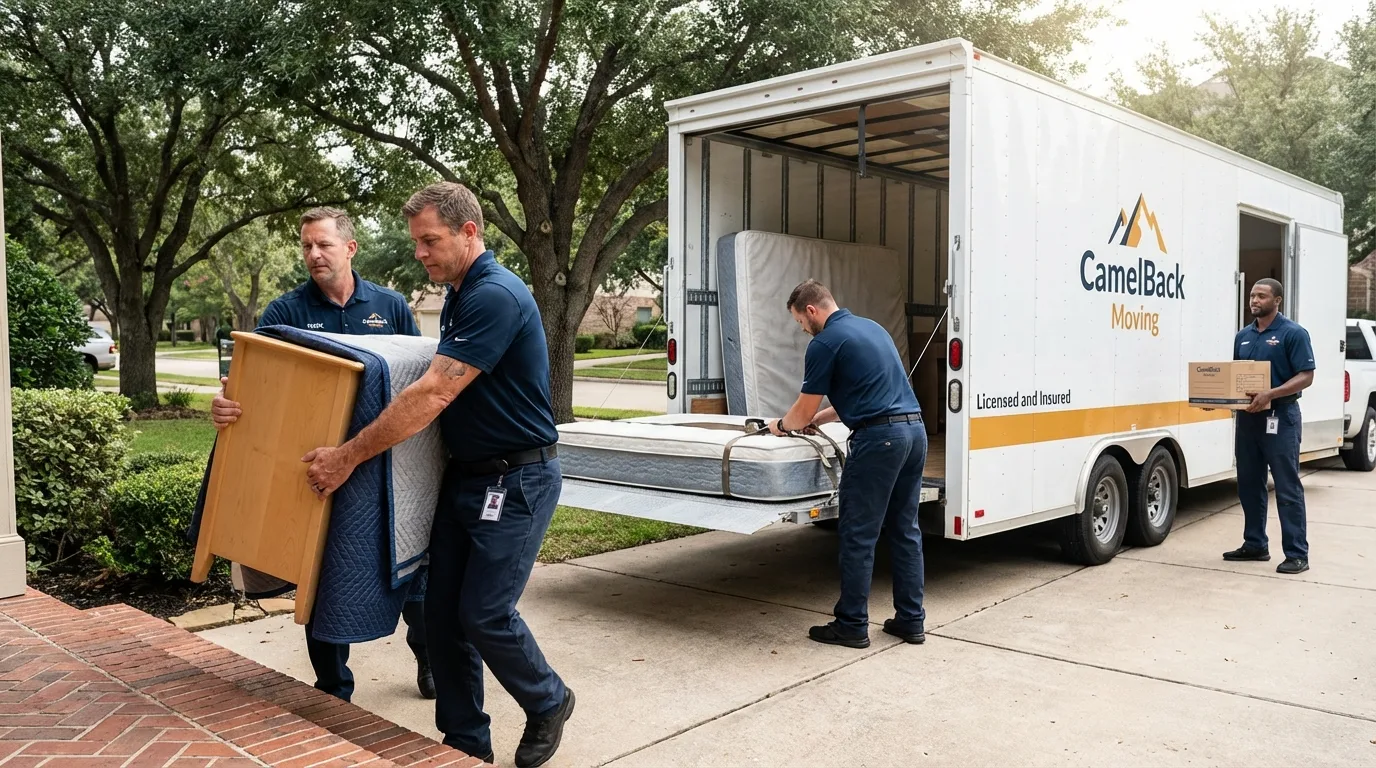Crew loading residential truck for cross-state move from De Leon, TX