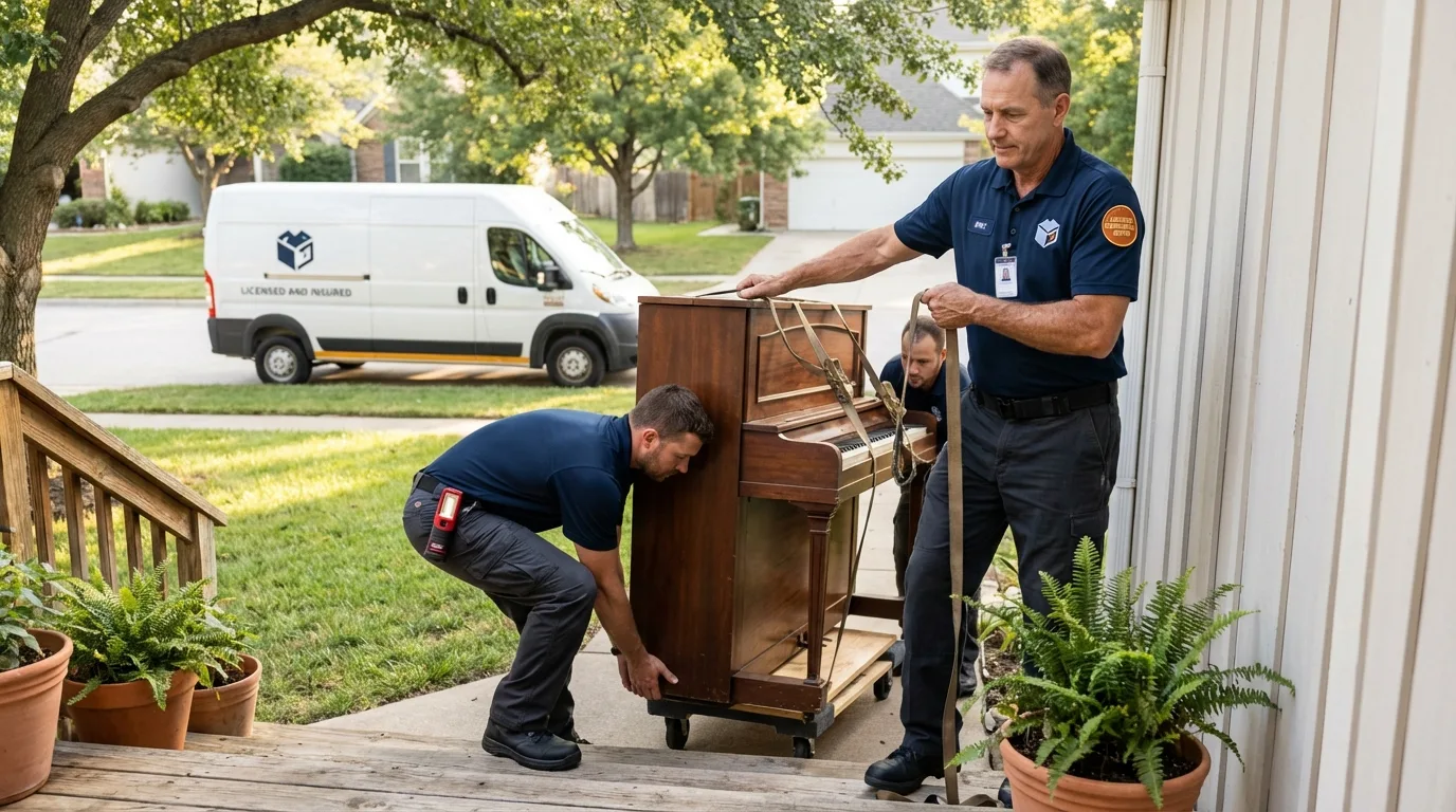 Licensed piano movers securing grand piano in De Leon, TX