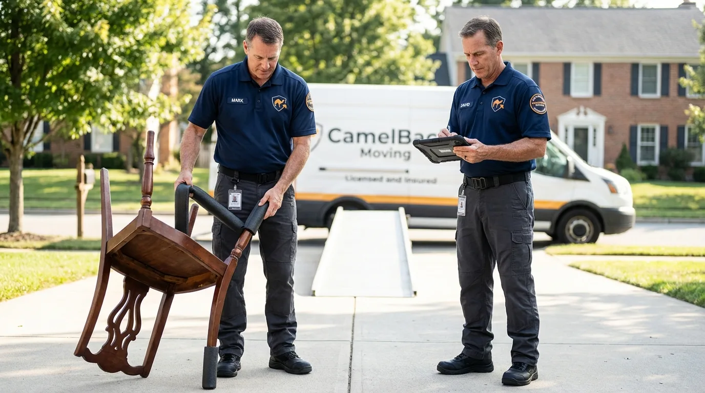 Movers inspecting furniture for damage prevention before loading in De Leon, TX