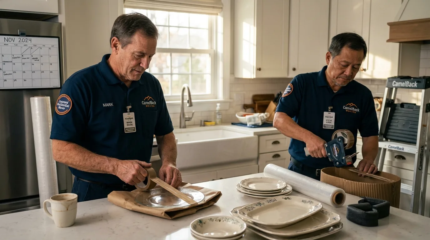 Professional crew packing kitchen dishware in De Leon, TX